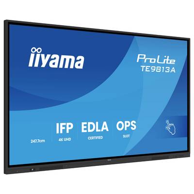 'ProLite TE9813A' display, 98-inch 4K UHD van Iiyama, met IFP, EDLA-certificering, OPS-slot en een aanraakinterface.