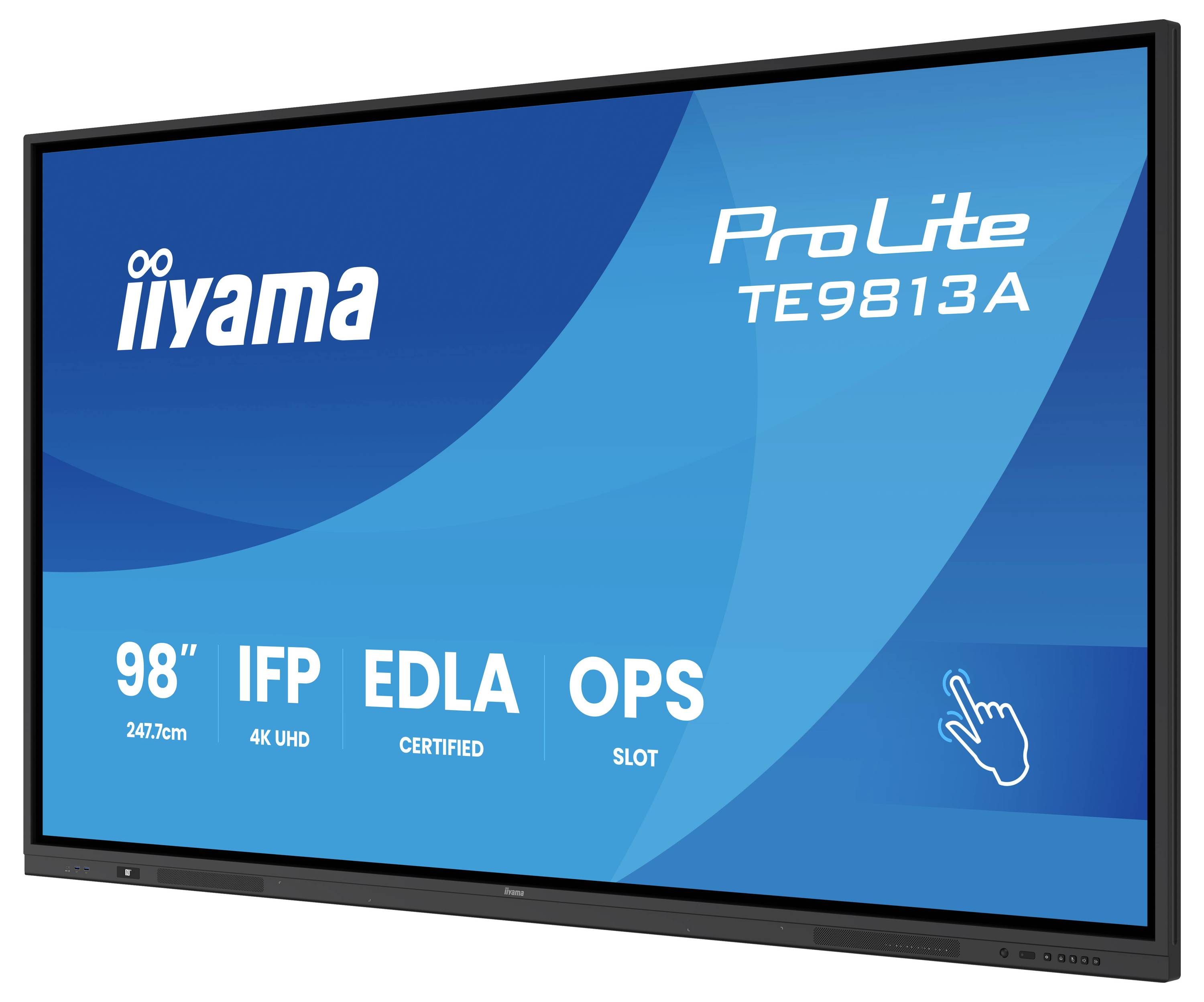 'iiyama ProLite TE9813A, 98" 4K UHD interactief flat panel met IFP, EDLA-gecertificeerd, en OPS-sleuf voor verbeterde connectiviteit.'