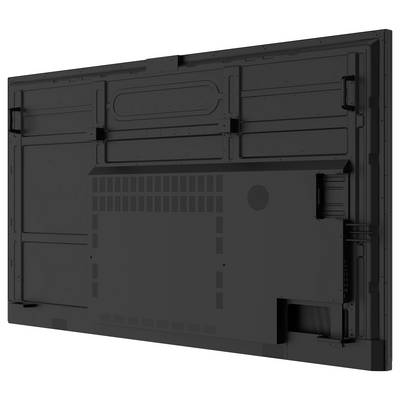Achterzijde van een groot, plat beeldscherm met montagebeugels en ventilatiesleuven, ontworpen voor wandmontage.