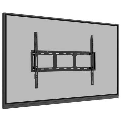 Een zwarte kantelbare wandbeugel die aan een groot flatscreen-televisietoestel tegen een grijze achtergrond is bevestigd, met zichtbare montagebeugels en gaten.