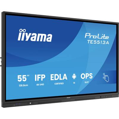 'iiyama ProLite TE5513A' interactief display met volgende features: 55" (138,8 cm), IFP, 4K UHD, EDLA-gecertificeerd, Android 14, OPS-sleuf.