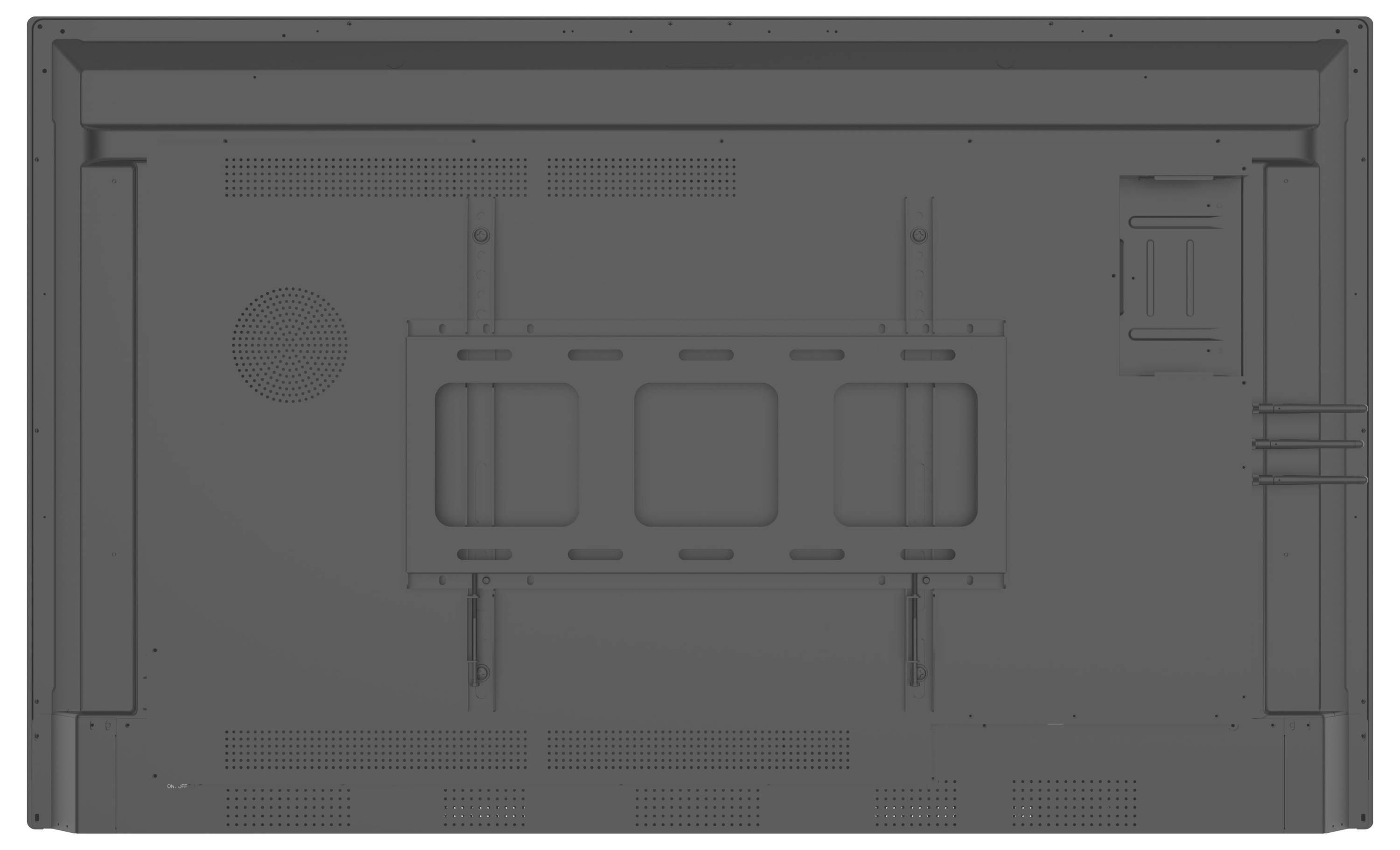 De afbeelding toont het achterpaneel van een grote flatscreen-televisie, met daarop bevestigingsbeugels, ventilatieopeningen en verschillende ingangs- en uitgangpoorten.