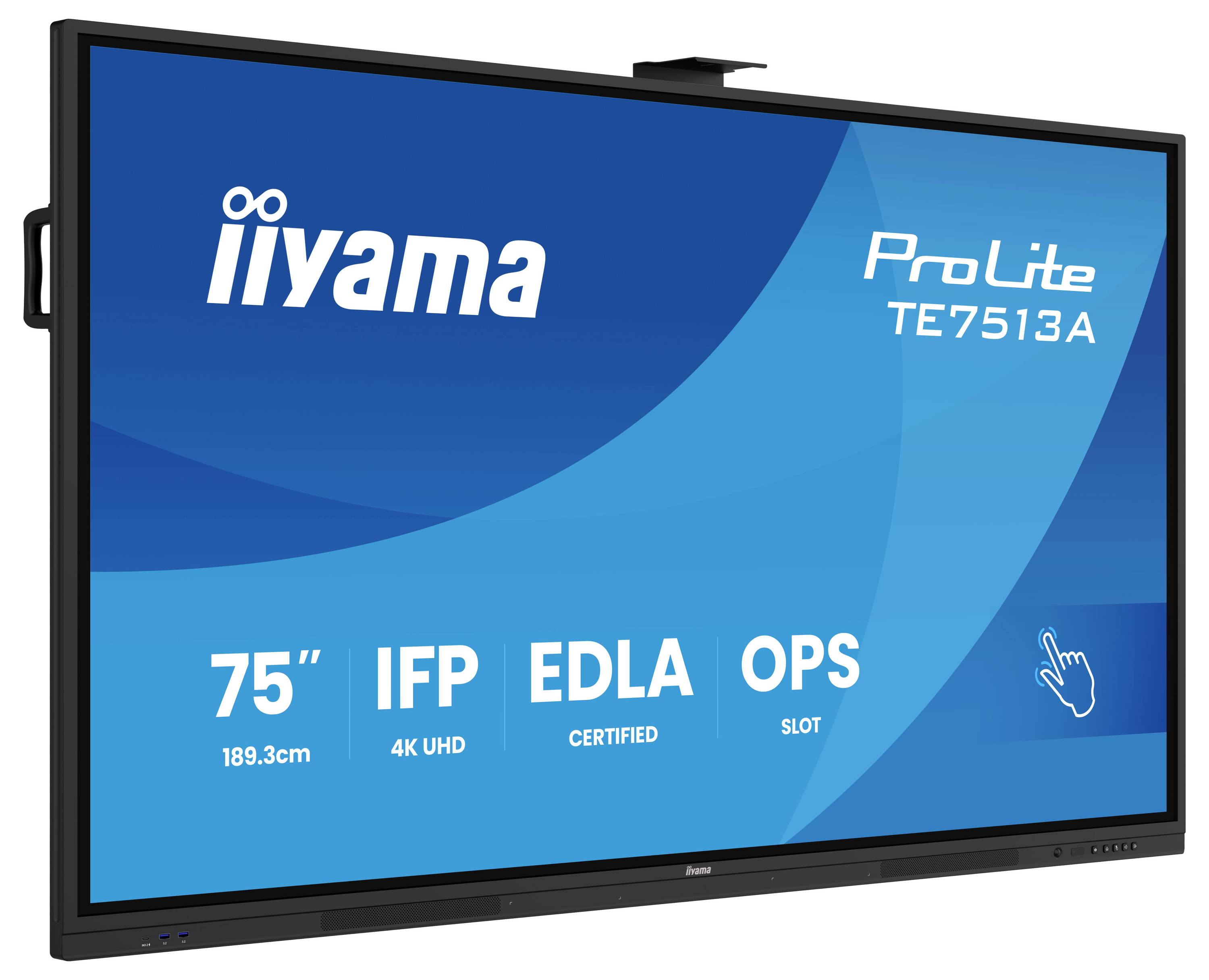 Iiyama ProLite TE7513A interactief display met 75-inch scherm, 4K UHD resolutie, IFP, EDLA gecertificeerd, en OPS-sleuf.