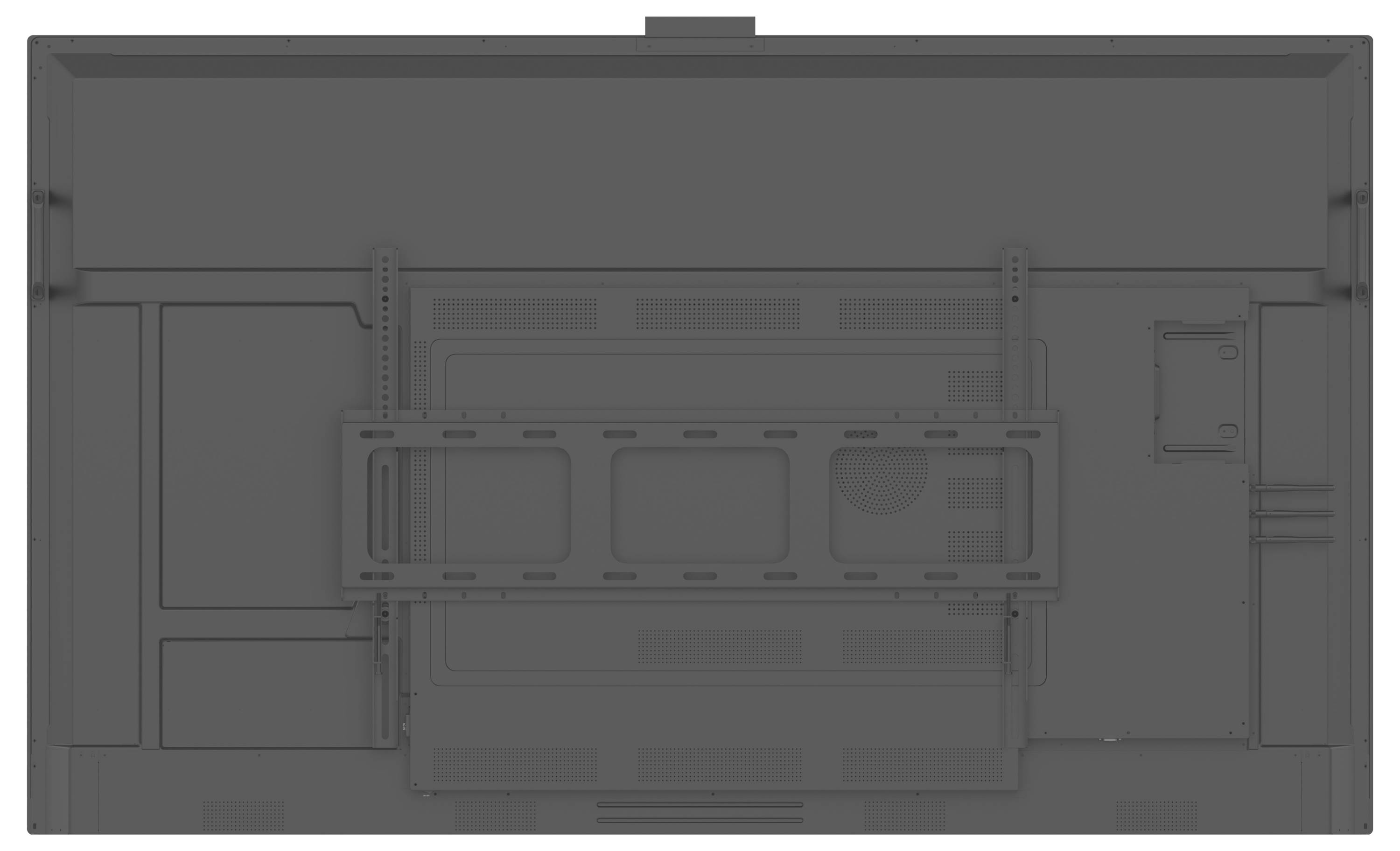 De afbeelding toont de achterkant van een flat-panel display met een montagebeugel in het midden bevestigd. Het paneel bevat ventilatiegaten en poorten.