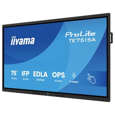 'ProLite TE7515A' weergegeven op een 75-inch interactief flatpanel met 4K UHD-resolutie, IFP, EDLA-certificering, OPS PC-sleuf, B-Array-microfoon en aanraakfunctionaliteit.