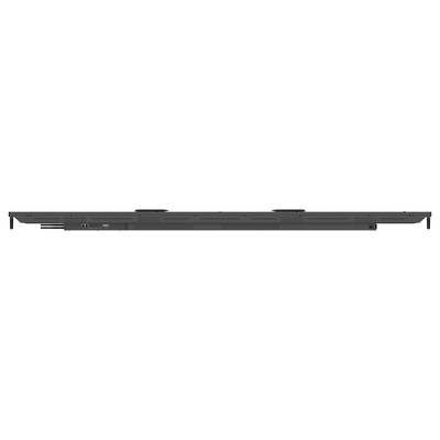 Een zwarte soundbar met meerdere luidsprekersecties en aansluitpoorten aan de zijkant.