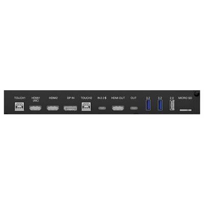 Achterpaneel van een apparaat met verschillende poorten waaronder HDMI1, HDMI2, DP1.4, TOUCH1, 2.0, HDMI OUT, USB 3.2, USB 2.0 en MICRO SD.