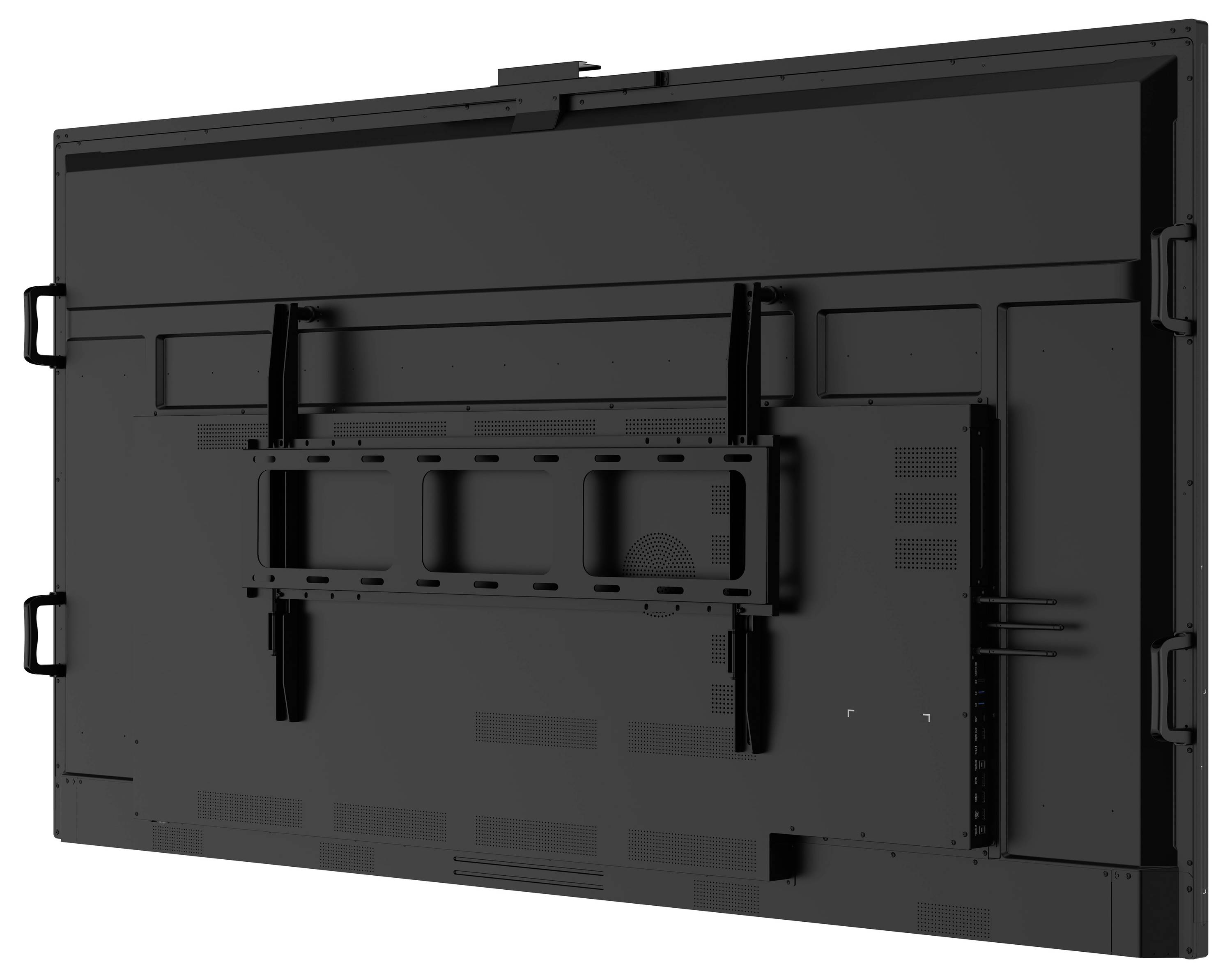'Achterkant van een grote flatscreen-televisie met montagebeugels en handvaten aan elke zijde voor installatie of transport.'