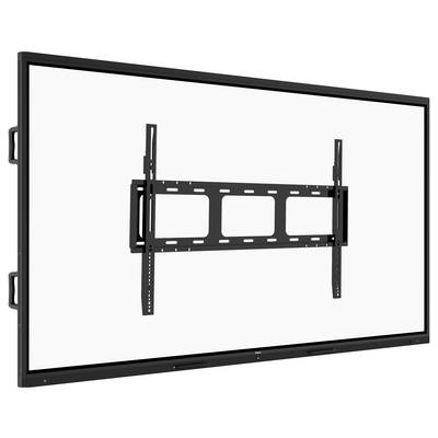 Een groot flatscreen-display gemonteerd op een zwarte verstelbare wandbeugel. Het scherm is uitgeschakeld en heeft een slanke, modern ontwerp.
