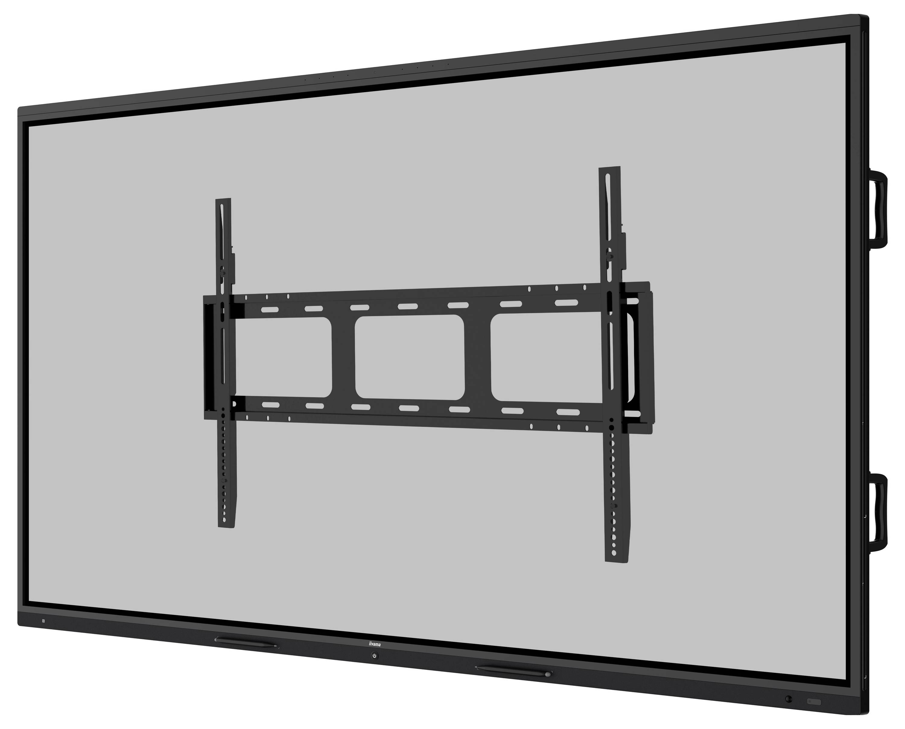 Een groot plat schermbeeldscherm aan een muur bevestigd met een zwart beugel, geschikt voor presentaties of home entertainment-instellingen.