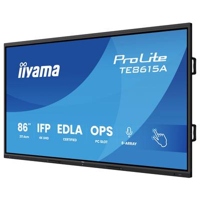De afbeelding toont een groot interactief beeldscherm met functies zoals 4K UHD, IFP, EDLA-certificering, OPS PC-sleuf en 8-array microfoon.