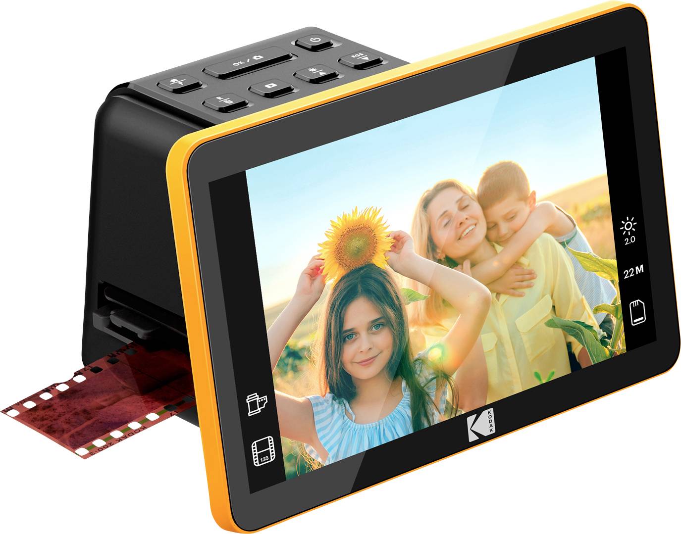 Een filmscanner met een levendig beeldscherm dat een lachende groep kinderen buiten toont, met een zonnebloem, illustrerend de conversie van film naar digitaal.