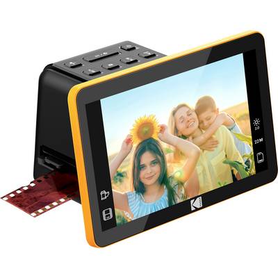 Een filmscanner met een levendig beeldscherm dat een lachende groep kinderen buiten toont, met een zonnebloem, illustrerend de conversie van film naar digitaal.