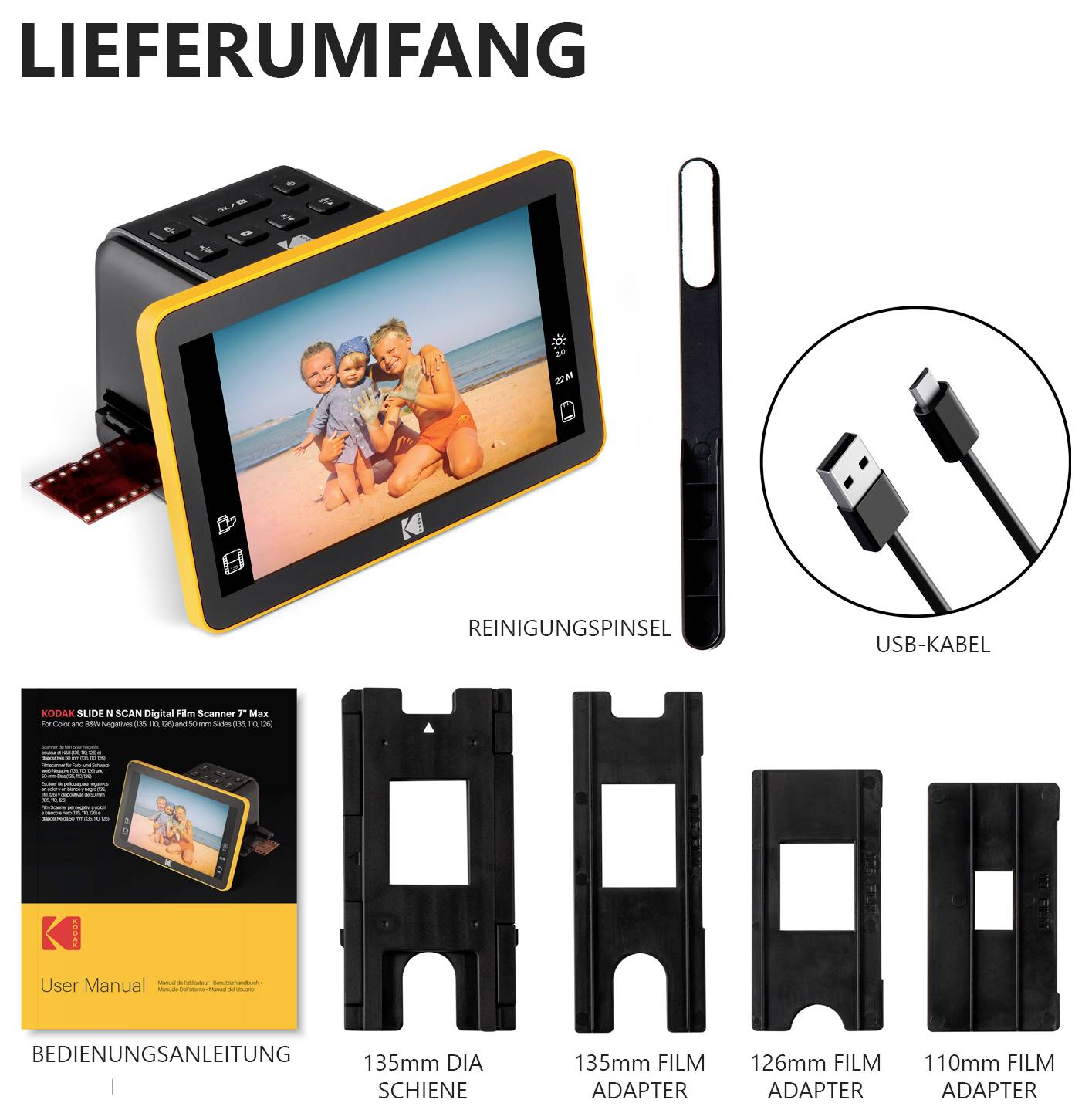 'Leveringsomvang' met filmscanner, gebruikershandleiding, reinigingsborstel, USB-kabel en verschillende filmadapters voor verschillende formaten.