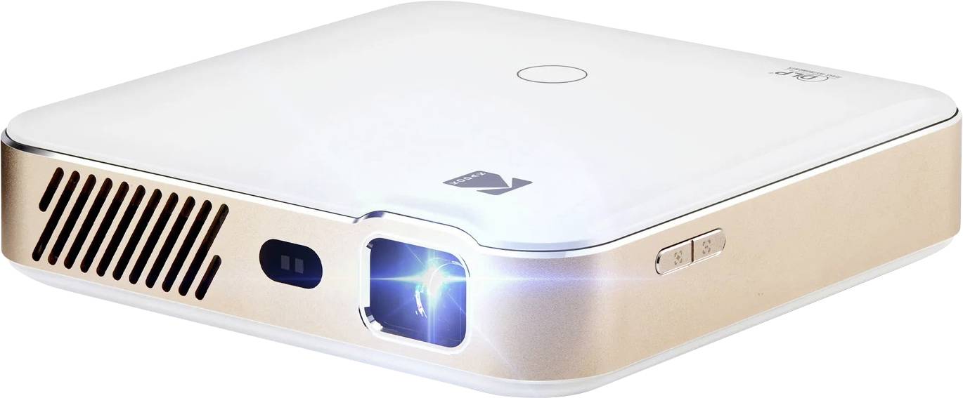 Een compacte, draagbare projector met een gloeiendes blauw objectief, witte bovenkant en bronzeverkleurd randen. Geschikt voor mobiele of kleinschalige presentaties.