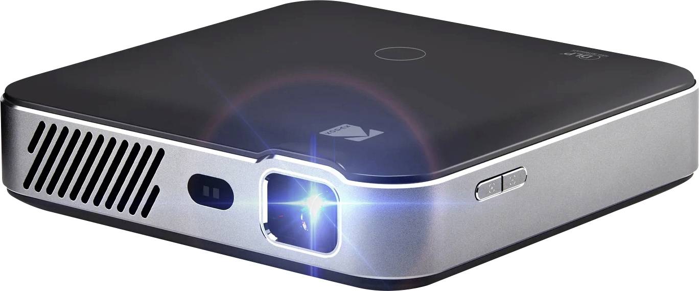 Een compacte zwart en zilveren draagbare projector met een helder blauw licht aan, voorzien van zijventielen en een bedieningsknop bovenop.