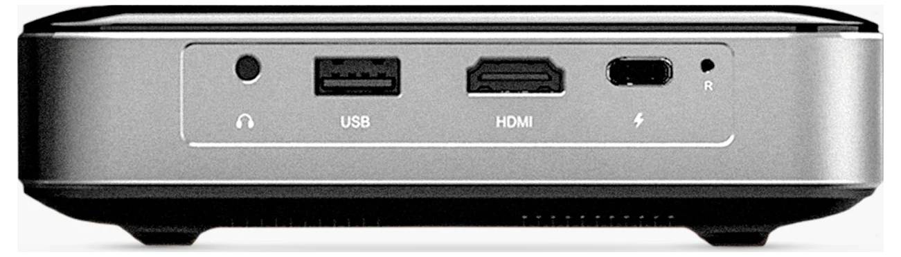 Een compact computerapparaat met frontaansluitingen: koptelefoon-, USB-, HDMI- en Thunderbolt-poorten.