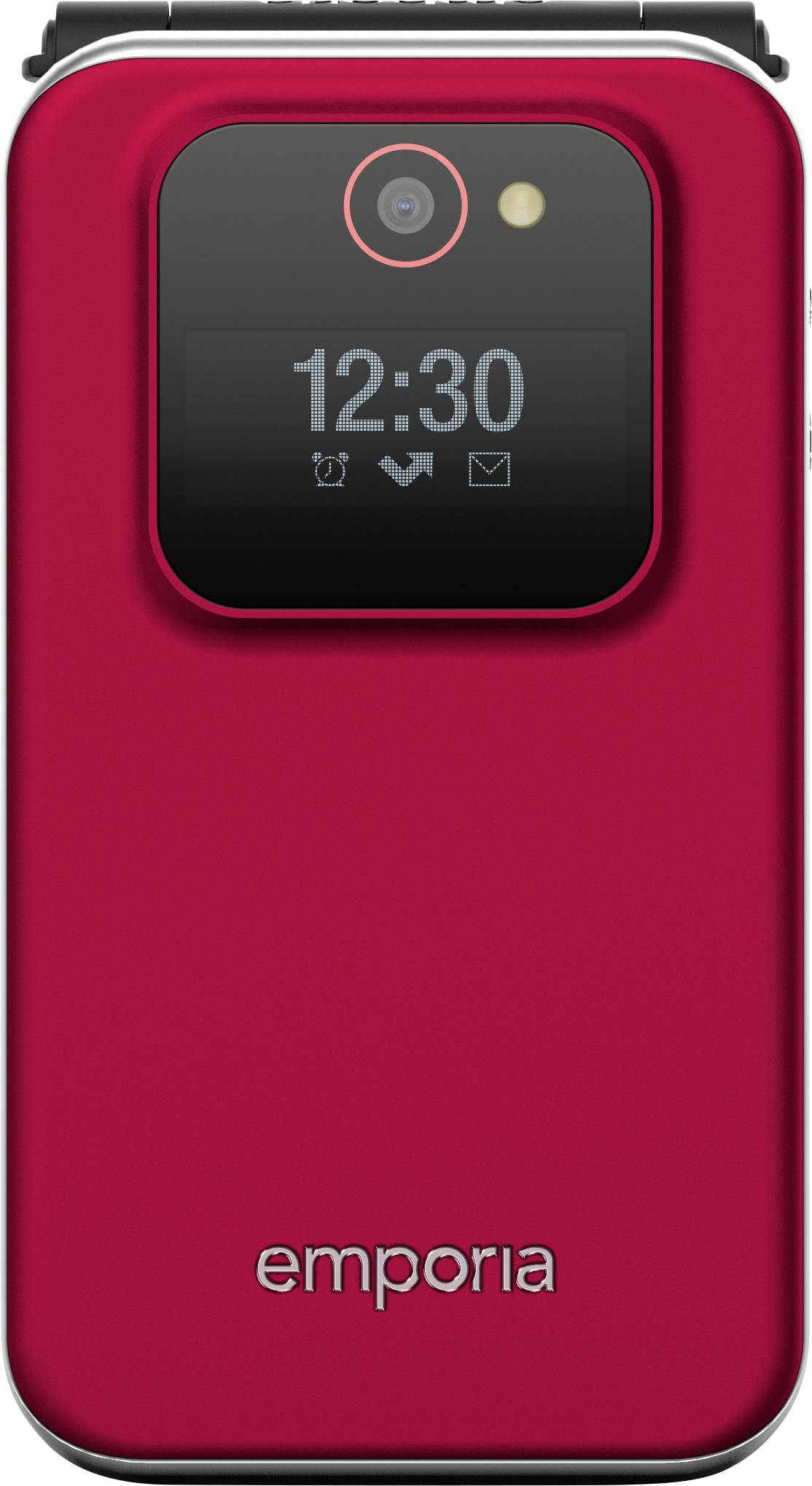 Rode klaptelefoon met extern display dat het tijdstip '12:30' weergeeft. Het heeft een camera en een LED-indicator aan de achterkant. Het merk 'emporia' is zichtbaar.