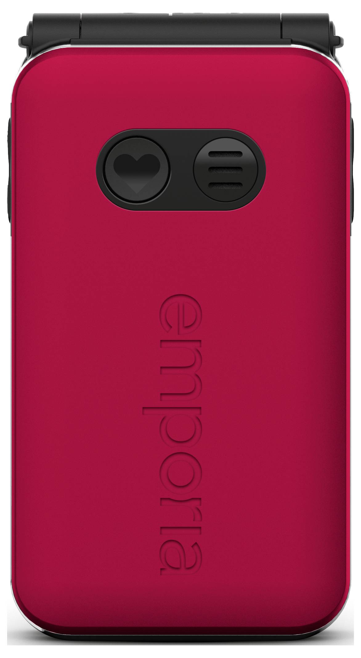 Rode flip telefoon met 'emporia' gegraveerd, zwart camera en speaker op de achterkant.