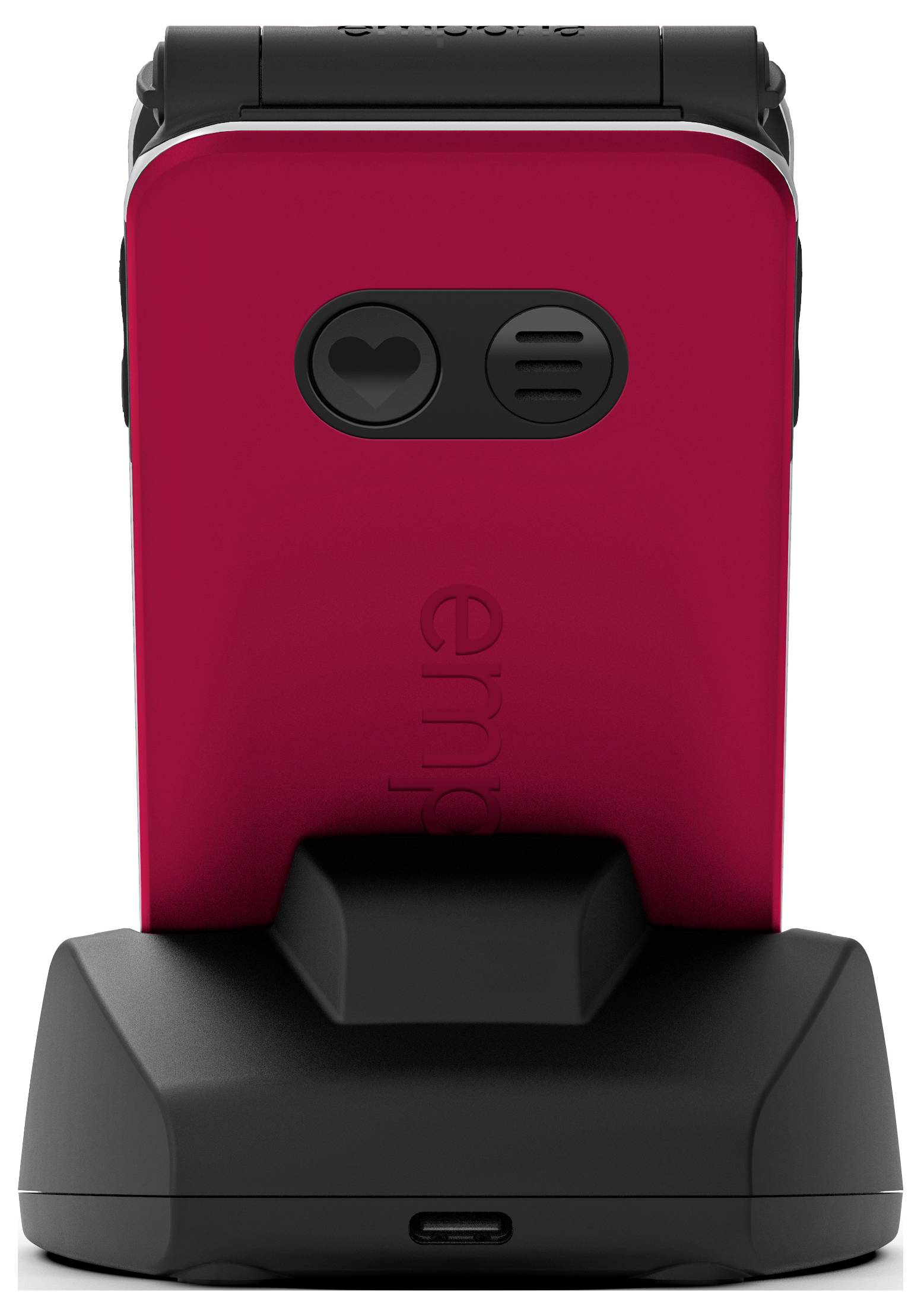 Een rode klaptelefoon met twee cameralensen rust op een zwart oplaadstation en toont prominent de achterkant.