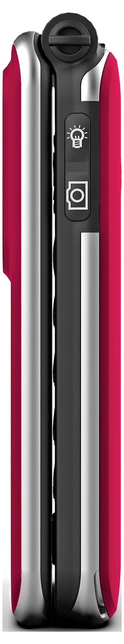 Een slanke, rood en zilver gesloten opvouwbare smartphone gezien van de zijkant, met zichtbare knoppen en cameraaanplaatsing.