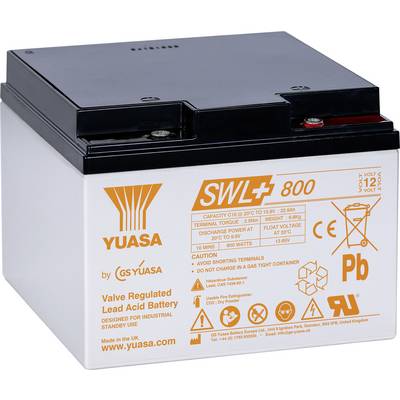 Een witte loodzuurbatterij met een zwart deksel gelabeld 'Yuasa SWL 800'. Toont specificaties, veiligheidssymbolen en gebruikt industrieel design.