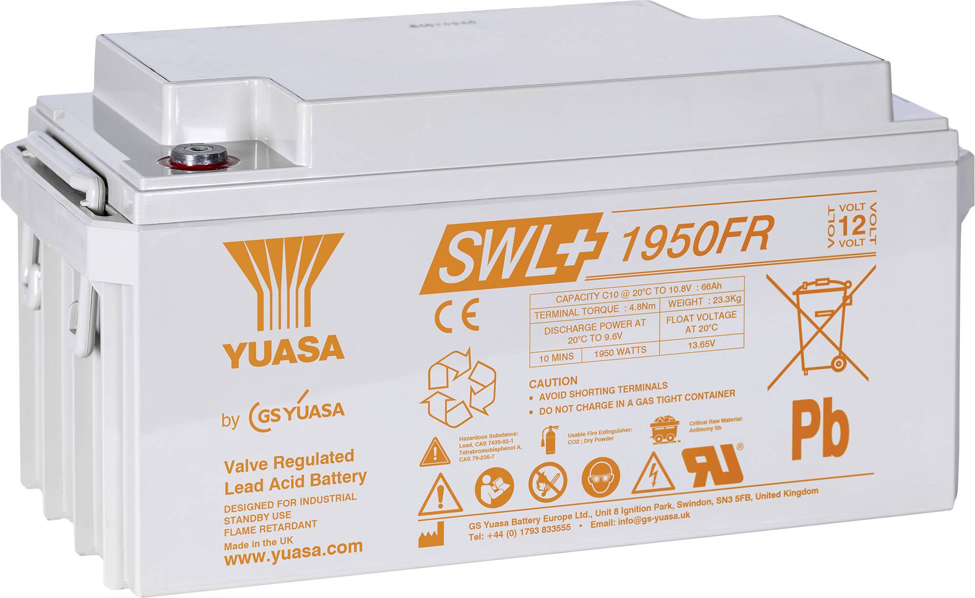 Een loodzuuraccu gelabeld 'Yuasa SWL 1950FR', met specificaties zoals spanning 12V en capaciteit 195,0Ah, met veiligheidspictogrammen.