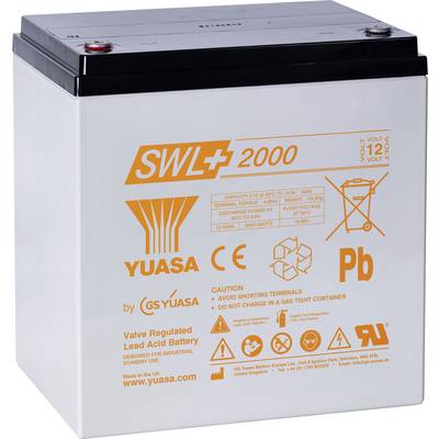 Batterij gelabeld 'SWL+ 2000' van Yuasa, met spanning- en capaciteitsgegevens. Bevat waarschuwingssymbolen en bedrijfswebsite voor industrieel gebruik.