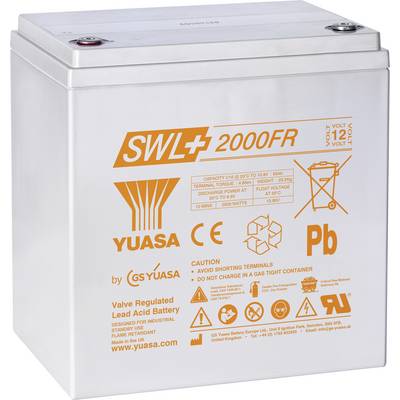 Een witte loodzuuraccu met het label 'YUASA SWL 2000FR,' met details over spanning en capaciteit. Bevat waarschuwingssymbolen en handleidingsinstructies.