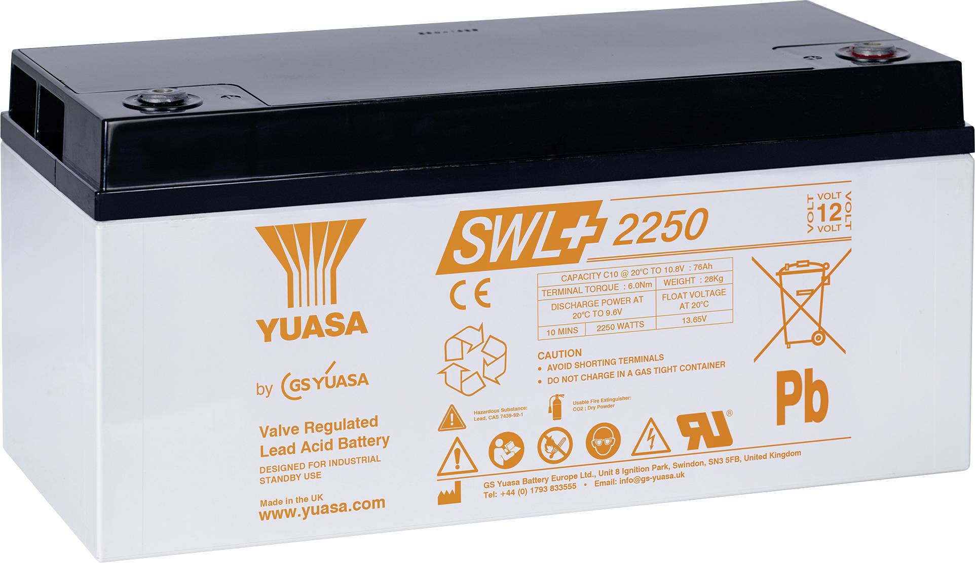 Een rechthoekige loodzuuraccu met het label 'YUASA SWL 2250', met veiligheidspictogrammen en specificaties voor spanning en capaciteit.