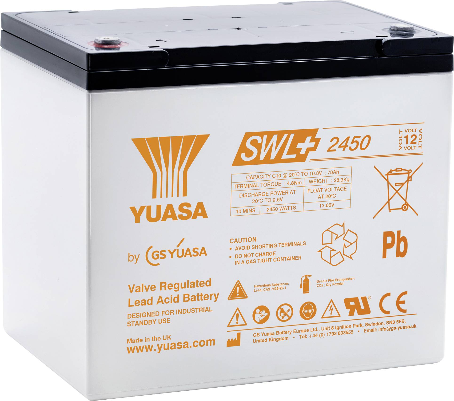 Lood-zuur batterij met 'YUASA' branding en technische specificaties inclusief model 'SWL 2450', spanning '12V', capaciteit '78Ah'.