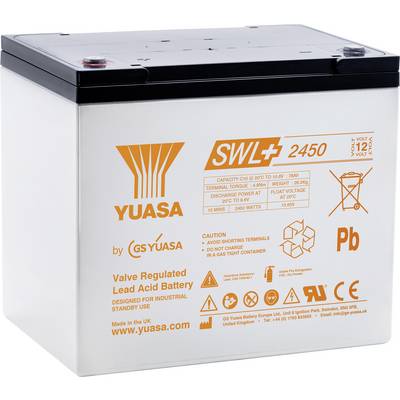 Lood-zuur batterij met 'YUASA' branding en technische specificaties inclusief model 'SWL 2450', spanning '12V', capaciteit '78Ah'.
