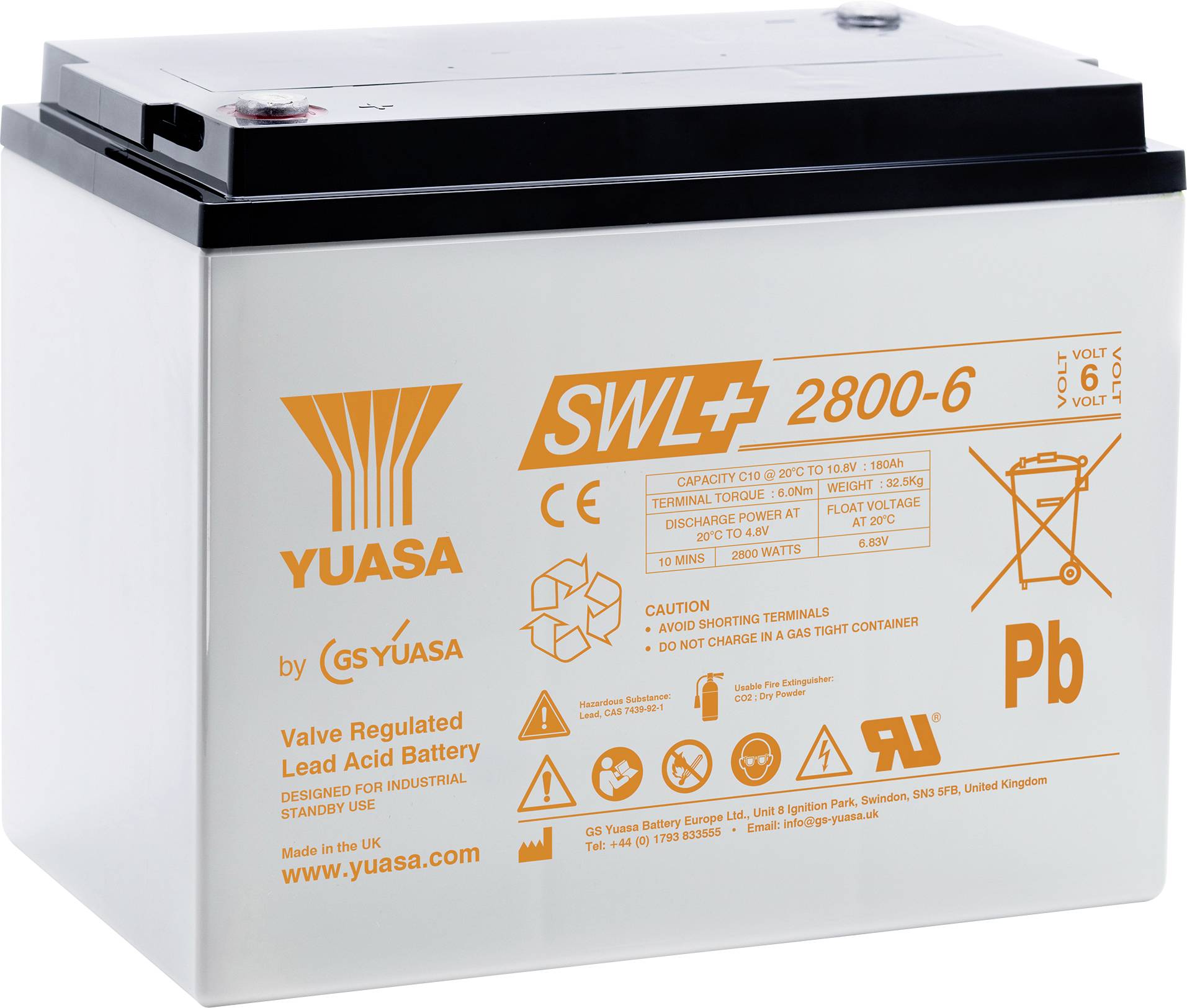 Een 6-volt regelende loodzuuraccu van het merk 'Yuasa' en model 'SWL 2800-6'. Met veiligheidspictogrammen en specificaties.
