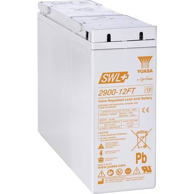 Vooraanzicht van een Yuasa SWL 2900-12FT regelbare loodbatterij met kleppen met technische specificaties en veiligheidswaarschuwingen op de behuizing weergegeven.