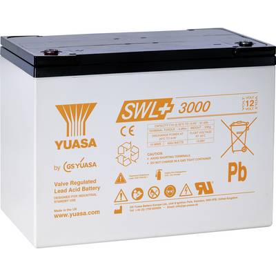 'Yuasa SWL 3000' loodzuurbatterij met waarschuwingssymbolen, spanningsinformatie en recyclingsinstructies op het etiket.