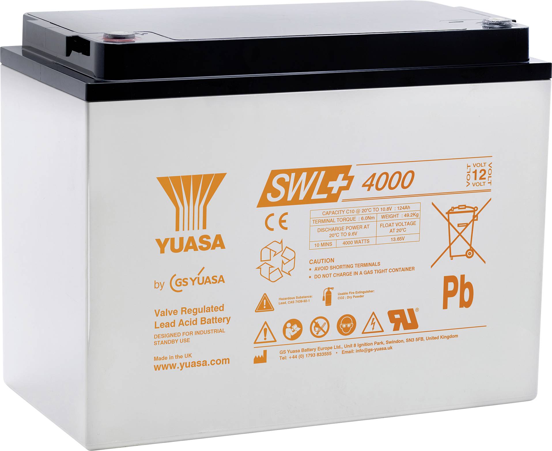 'YUASA SWL 4000' loodzuuraccu voor industrieel standby-gebruik, met voorzichtigheidswaarschuwingen en inspectiesymbolen op het label.