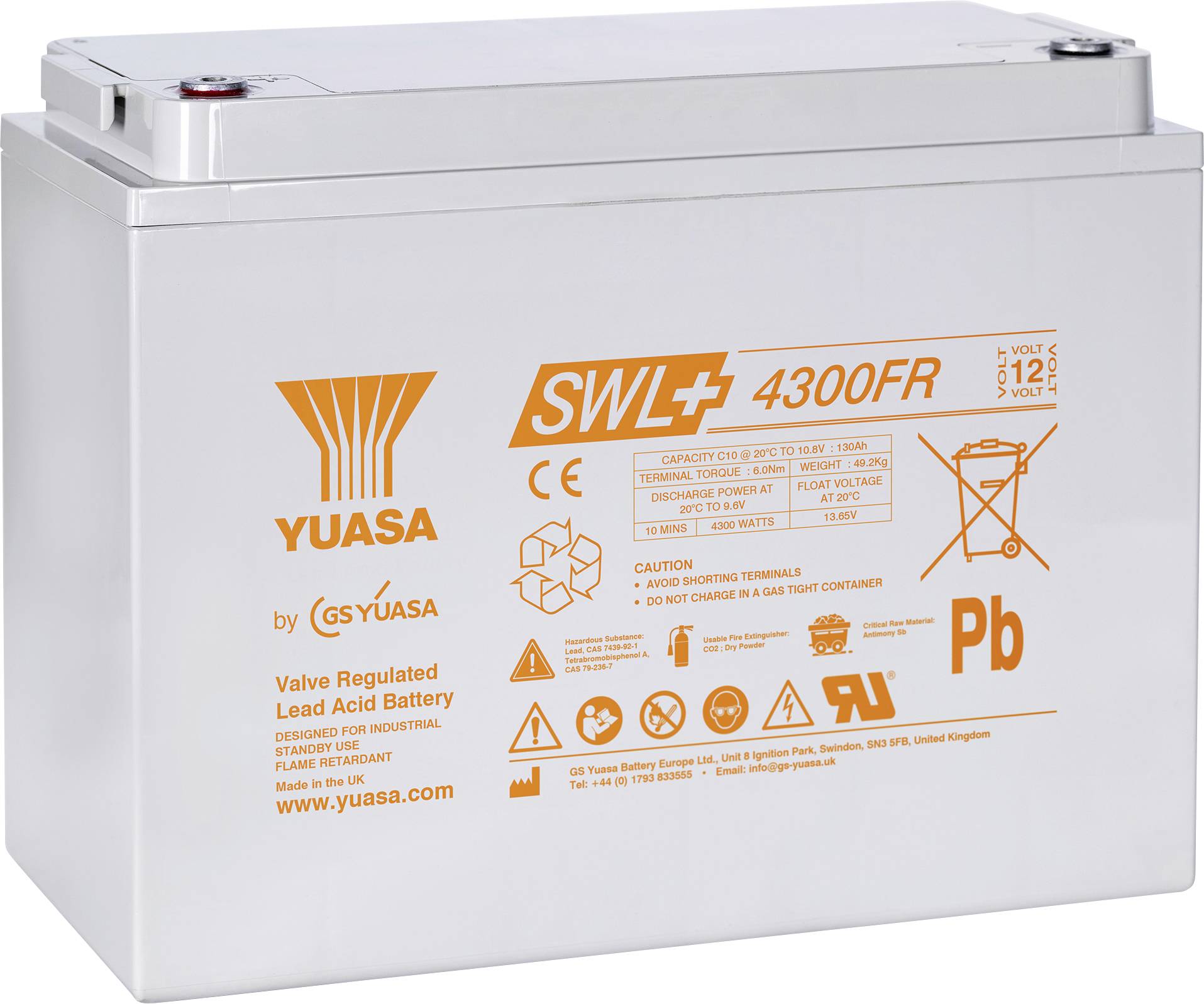 'Yuasa SWL 4300FR' batterij met oranje etikettering, met specificaties en veiligheidspictogrammen op de voorkant.