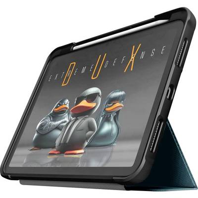 Een tablet met een beschermhoes staat rechtop en toont een afbeelding van drie cartooneendjes die jasjes dragen tegen een witte achtergrond.