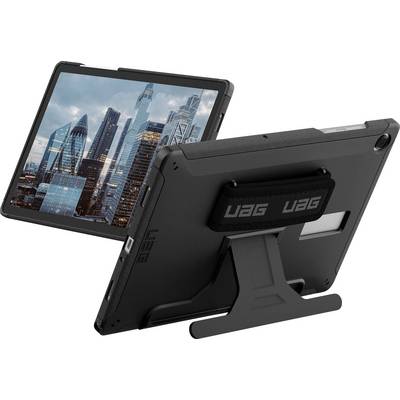 Een tablet in een beschermende hoes met standaard toont een stadsgezicht op het scherm. De hoes heeft een robuust ontwerp en een handgreep.