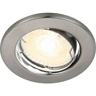 Een ronde, geborsteld metalen inbouwplafondlamp met een helder, warm LED-lampje.