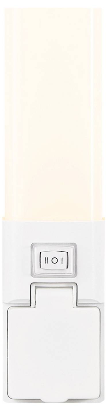 Een rechthoekige, verticale LED-nachtlamp met een schakelaar in het midden en een klein stekkeruitgangsdeksel eronder. De bovenkant geeft een zachte, warme gloed af.