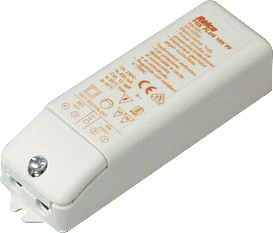 Een witte elektronische LED-driver met oranje tekst met technische specificaties en nalevingssymbolen zoals CE en recyclingsymbolen.