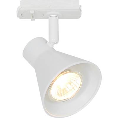 Een wit spoortje met een kegelvormige armatuur, gemonteerd op een rail, verlicht met een warm gloeilampje.