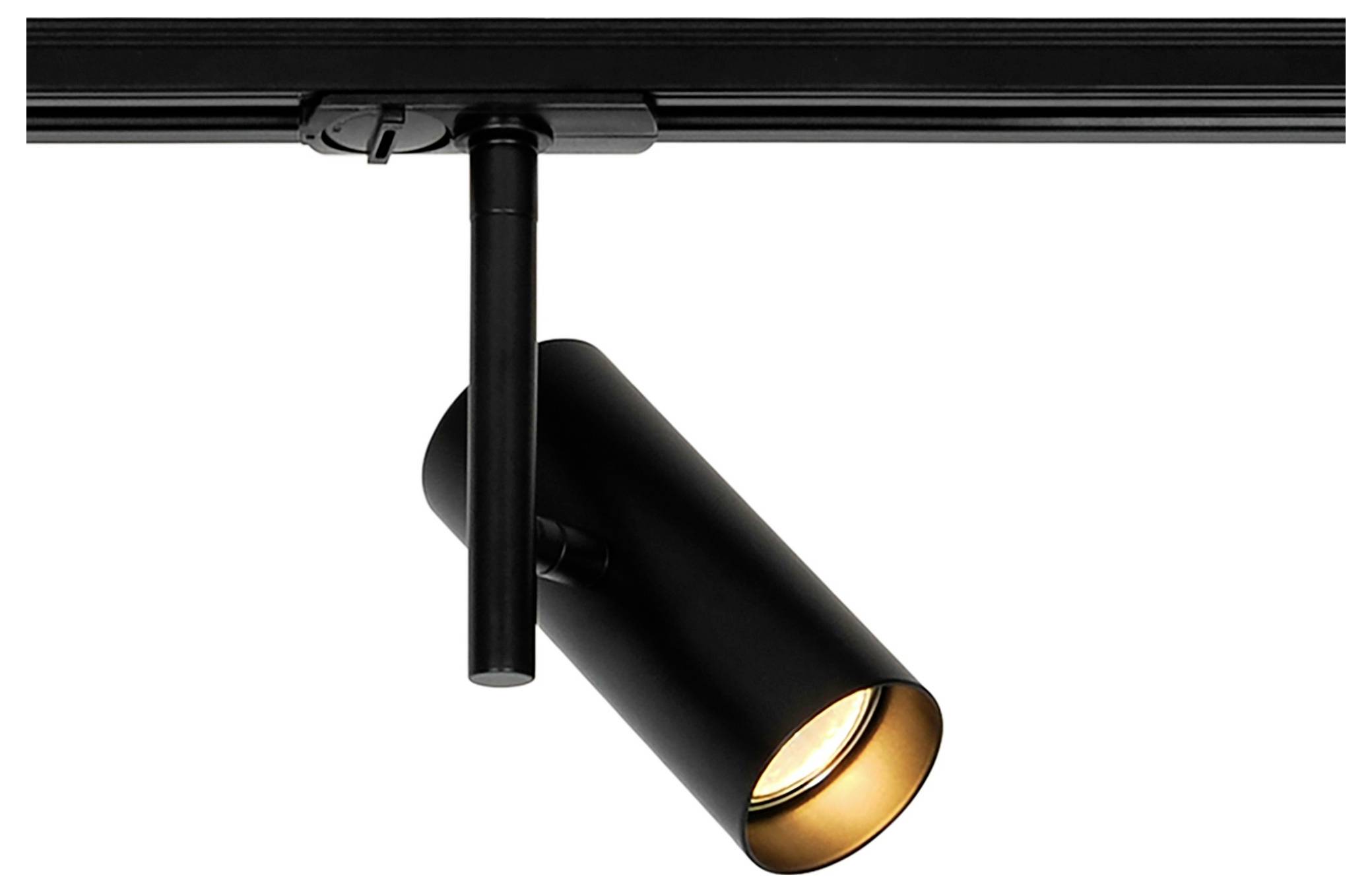 Een zwarte cilindrische spoorrailverlichting, naar beneden gericht, is op een spoor gemonteerd. Het licht geeft een warme gloed af.