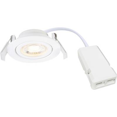 Ingebouwde LED-verlichtingsarmatuur met een rond, verstelbaar frame en een aangesloten witte aansluitmof. Geschikt voor plafondinstallaties.