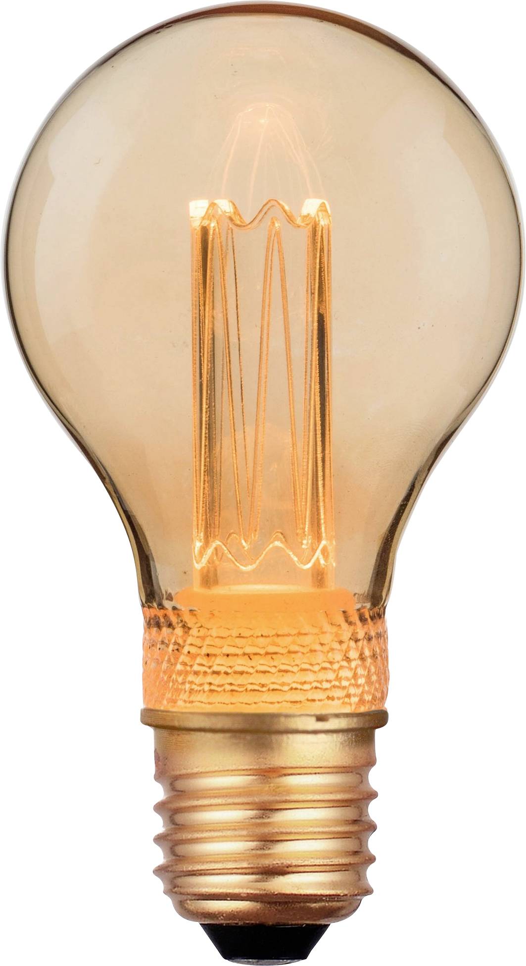 Een gloeiende gloeidraad in een helder, amber getint peertje, verlicht tegen een witte achtergrond, wat het vintage design benadrukt.