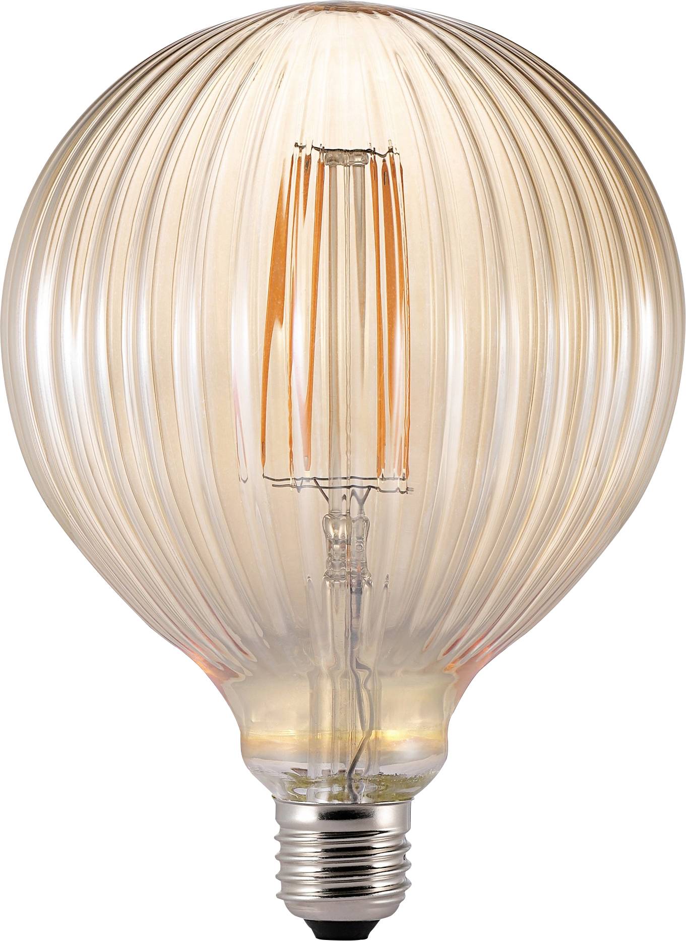 Een bolvormige, filament-stijl LED-lamp met een geruite glasoppervlak, dat warm oplicht tegen een witte achtergrond.