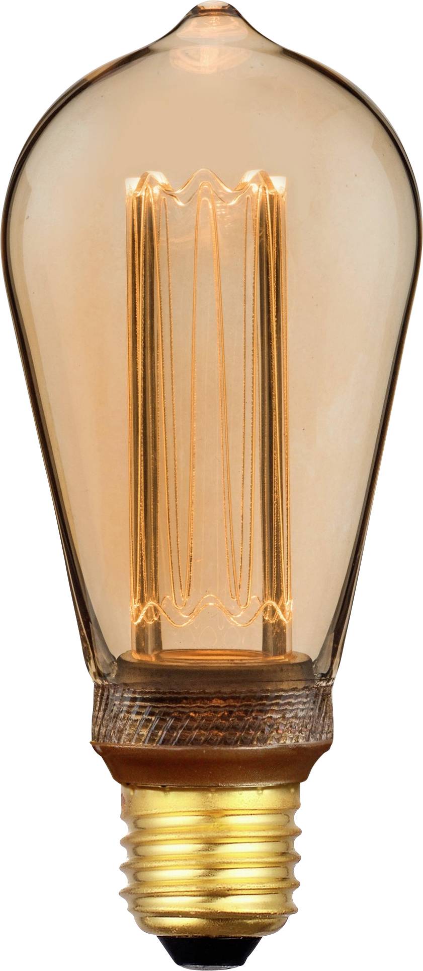 Een gloeilamp in vintage-stijl met zichtbare, gloeiende gloeidraad, ingekapseld in helder, druppelvormig glas, en met een schroefvoet.