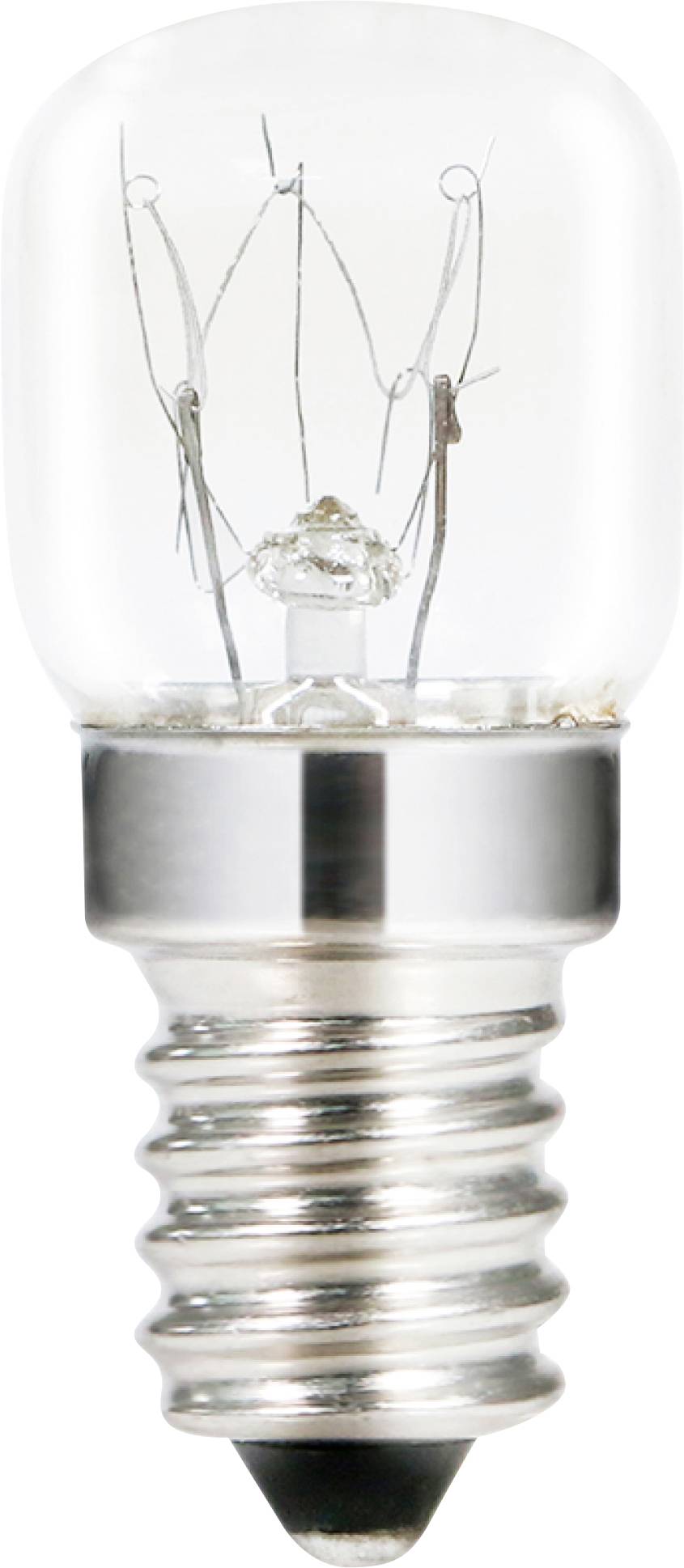 Een kleine, heldere gloeilamp met een metalen voet en zichtbare gloeidraad binnenin, geschikt voor kleine apparaten of decoratie.