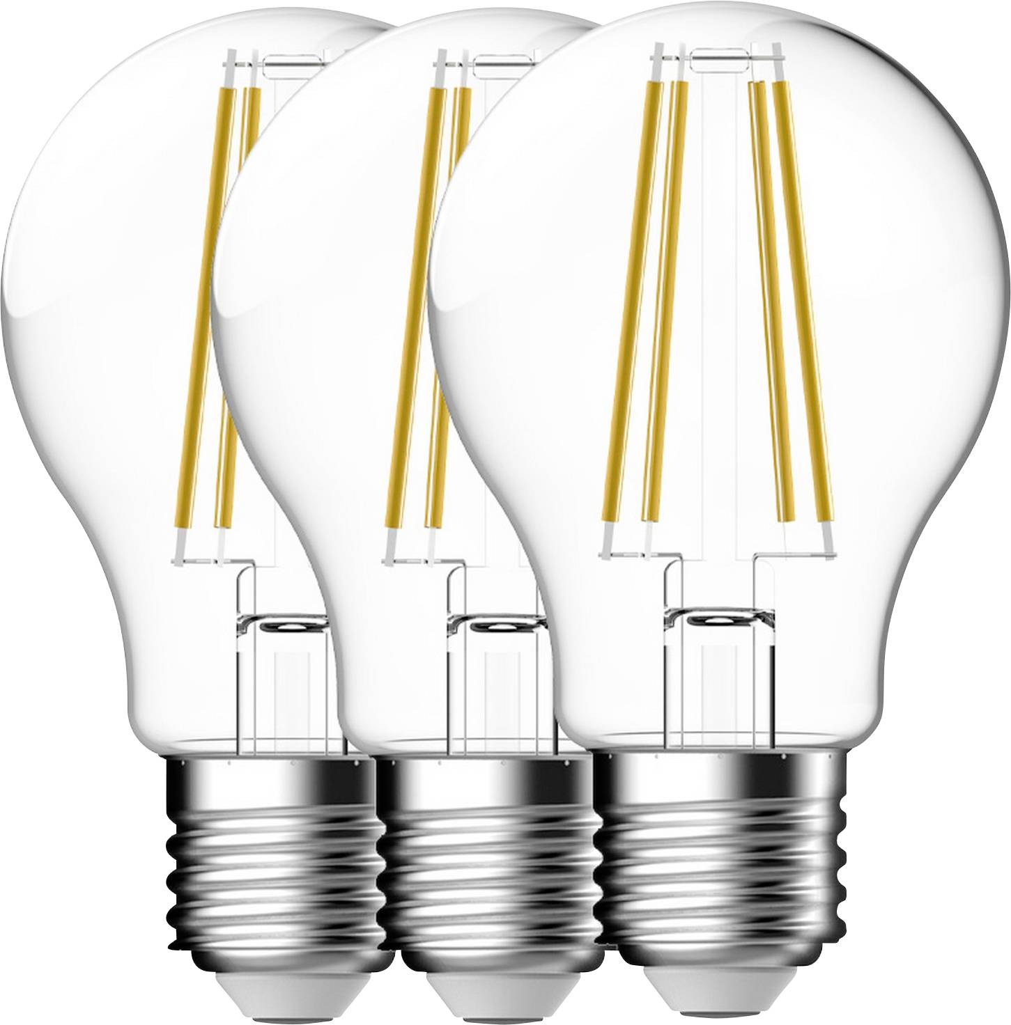 Drie heldere LED-gloeilampen met zichtbare gloeidraden, in een rij geplaatst, als symbool voor energie-efficiëntie en moderne verlichtingstechnologie.